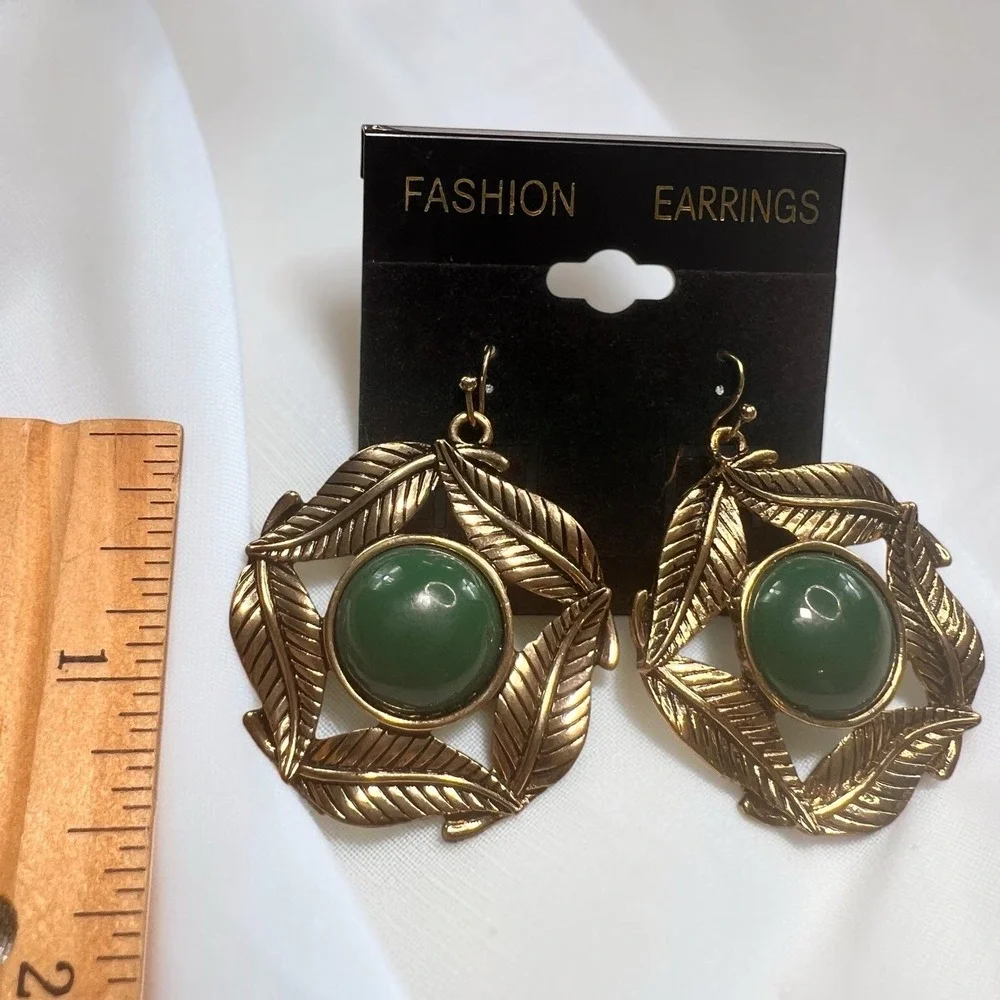 Earrings Hook Jade Green Color Fashion Jewelry Statement 1.5 in